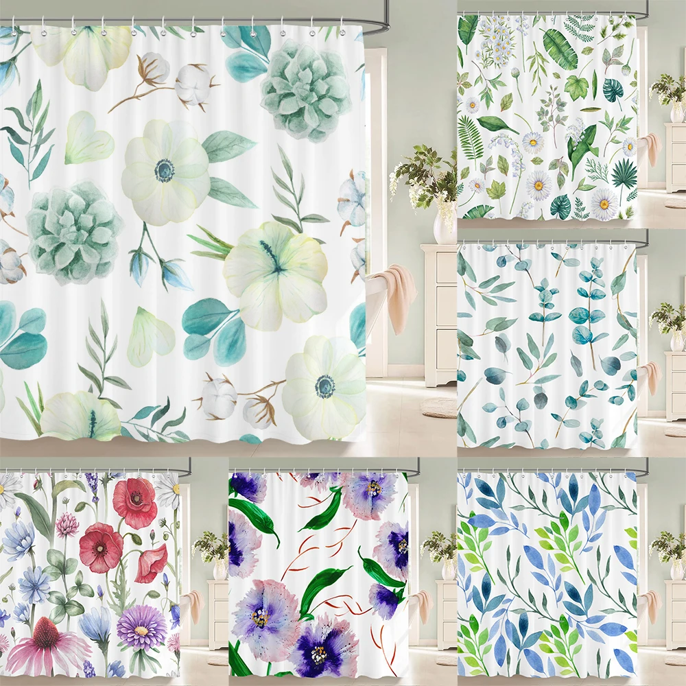 

3D Printed Fabric Shower Curtains Fresh Flowers Plant Bath Screens Waterproof Bathroom Decor with 12 Hooks Shower Curtain