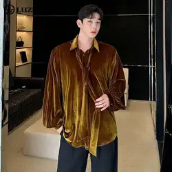LUZHEN Elegant VelVet Necktie Design Long Sleeve Shirt Korean High Quality Clothing Trendy Personalized Men Blouses Tops LZ4890