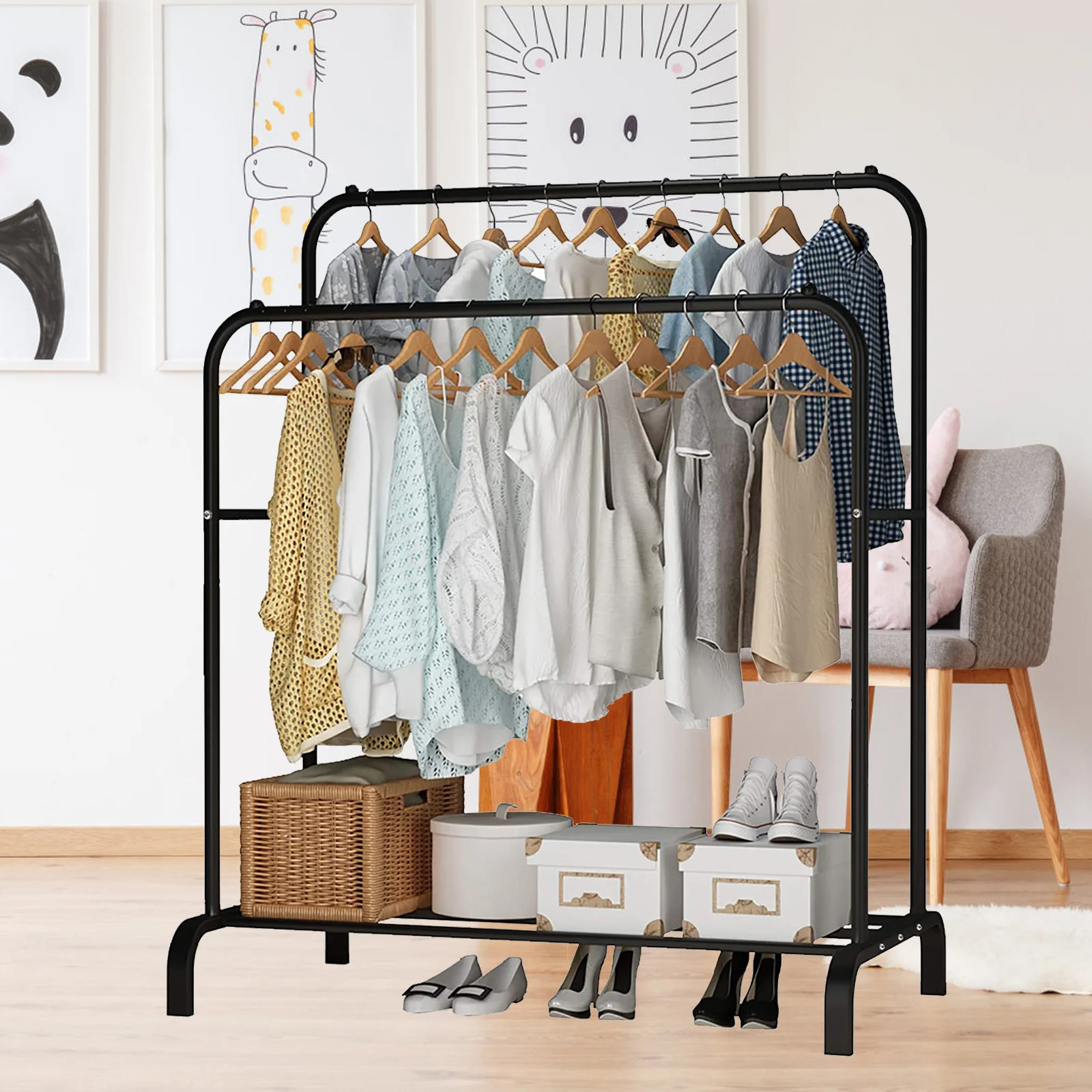 

Garment Rack Freestanding Hanger Double Pole Multi-functional Bedroom Clothing Rack, Metal Clothing Garment Rack with Shelves, B