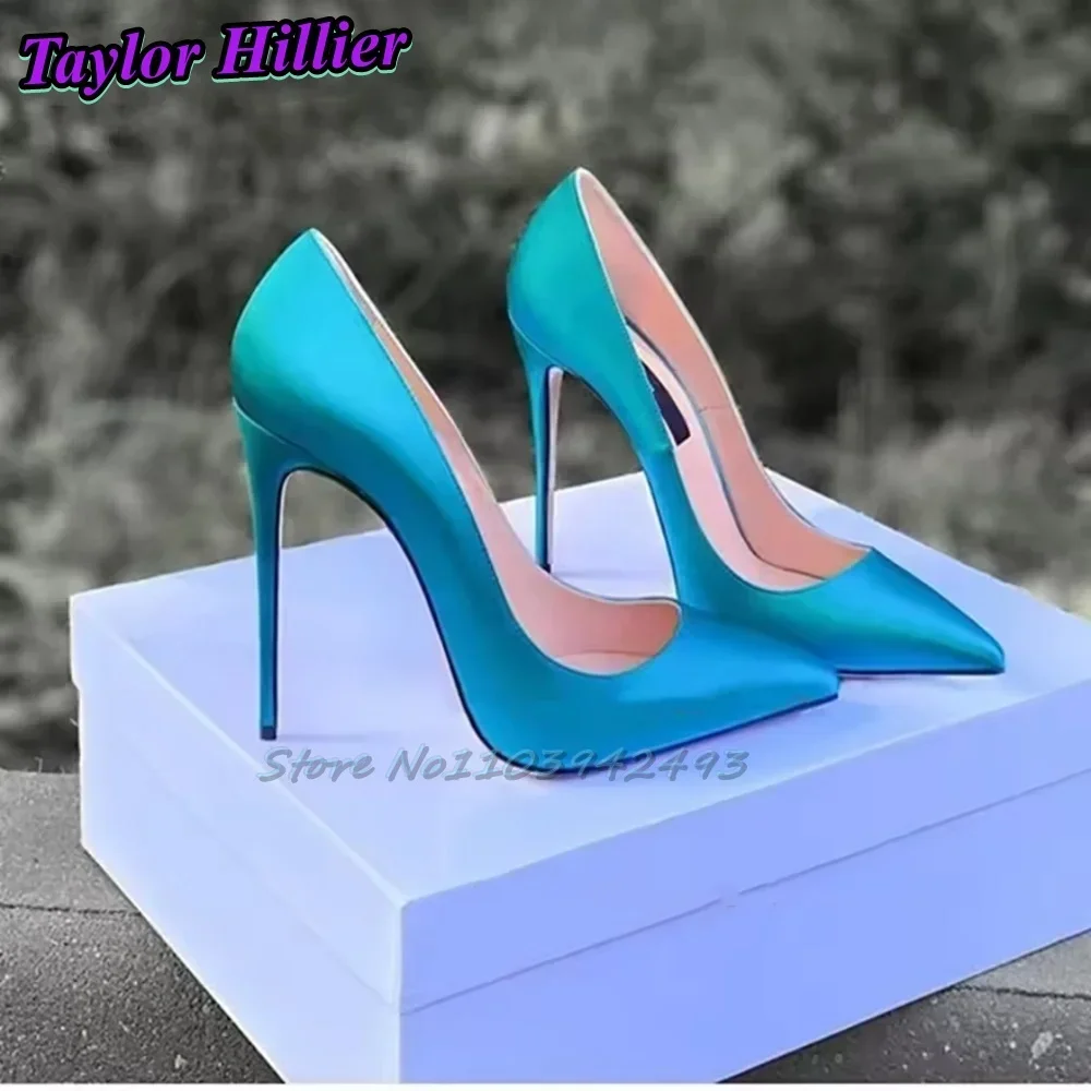 

Vintage Sapphire Blue Pumps Women Satin High Heels Pointed Toe Shallow Stilletto Pull On Slip On Dress Party Shoes Plus Size
