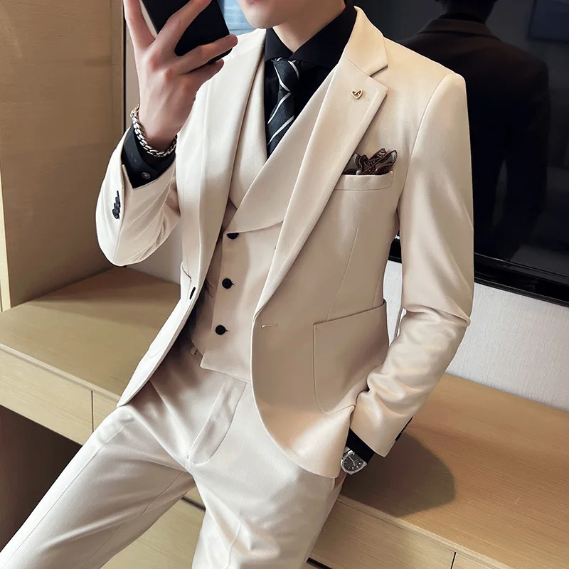 6965 Thickened solid color textured three-piece suit