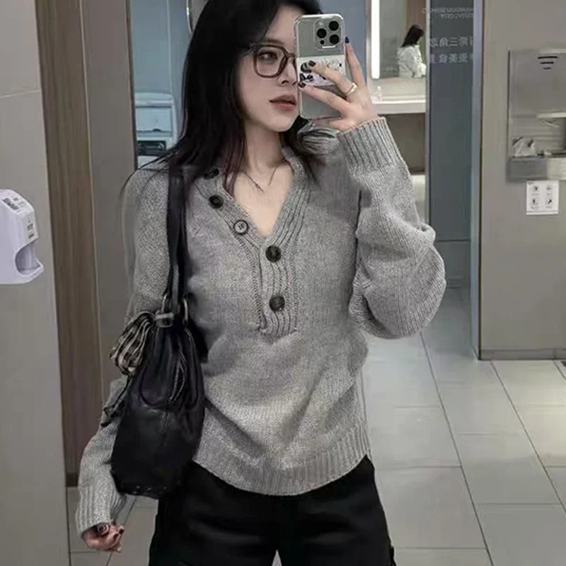 

Y2K Gray V Neck Sweaters Autumn Winter New Long Sleeve Knitted Sweater Pullover Fashion Slim Fit Long Sleeve Top for Women
