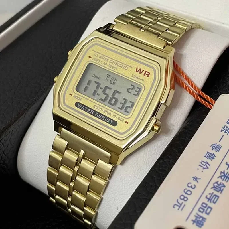ساعة ريترو مربعة رقمية ذهبية وذهبية وردية عسكرية كرونوغراف منبه مقاومة للماء للرجال ساعة رياضية مضيئة LED
