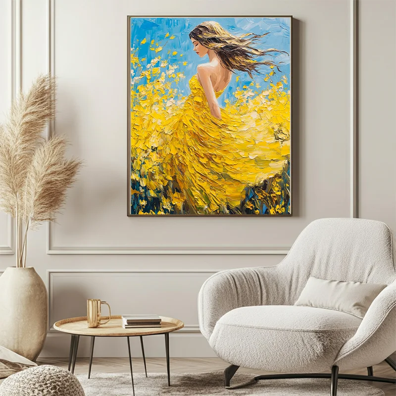 

Stylish Vibrant Yellow Floral Oil Painting Wall Art Decor Charming Woman in Flower Field Hot Selling Living Room Home Decor
