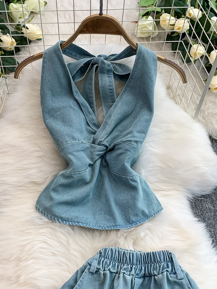 Conjunto de Top de Denim com Decote em V e Cintura Amarrada e Calças Flare de Cintura Alta para Mulheres, Moda de Verão em Du...