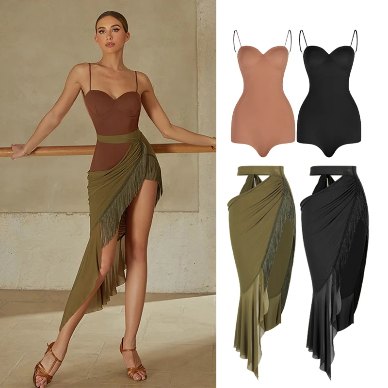 

2025 Latin Dance Costume Women Performance Clothes Backless Tops Slit Fishtail Skirt Adult Practice Wear Fringe Dress DNV23939