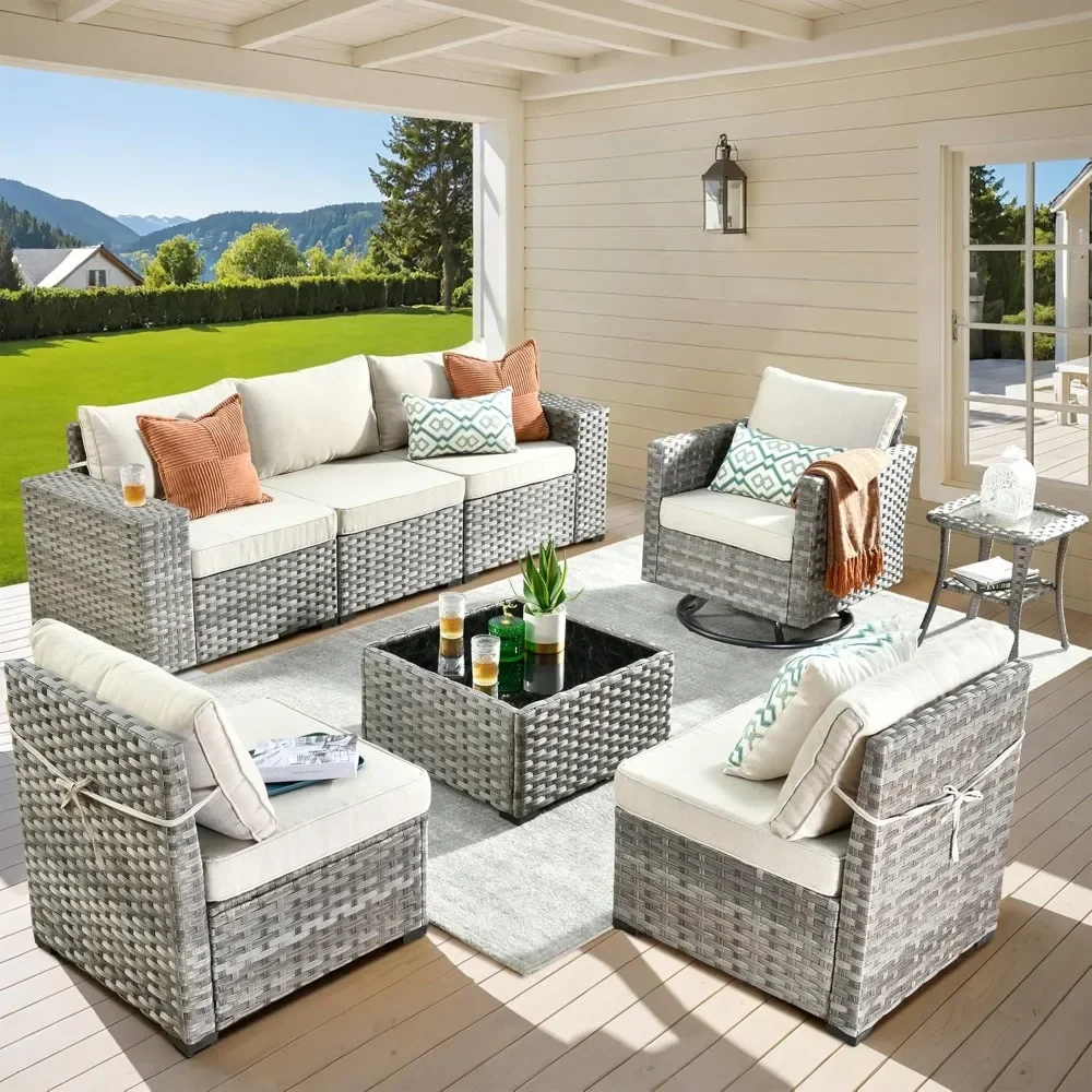 Outdoor Sectional Sofa 8 Pieces, Sofa with Swivel Rocking Chairs, Wide Arms and Deep Seat, Wicker Rattan Patio Furniture Set