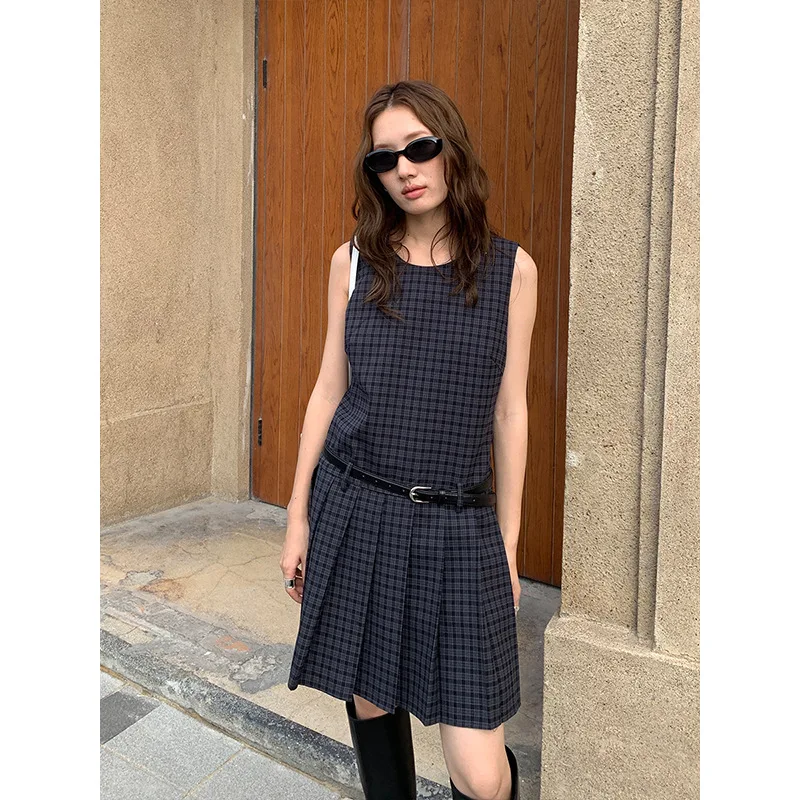 2025 Plaid Vest Skirt Autumn New Version High-end Waist Thin Pleated Skirt Europe and The United States