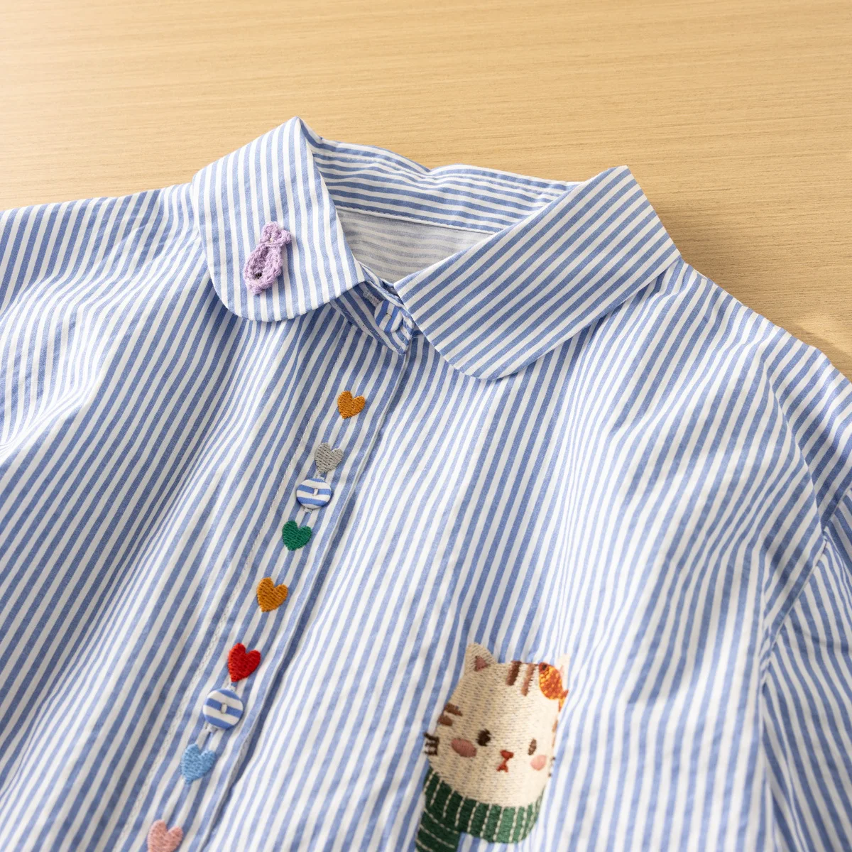 Japanese Sweet Mori Girl Striped Love Cat Embroidery Cotton Shirt Women Sprign Autumn Turn Down Collar Long Sleeve Casual Blouse