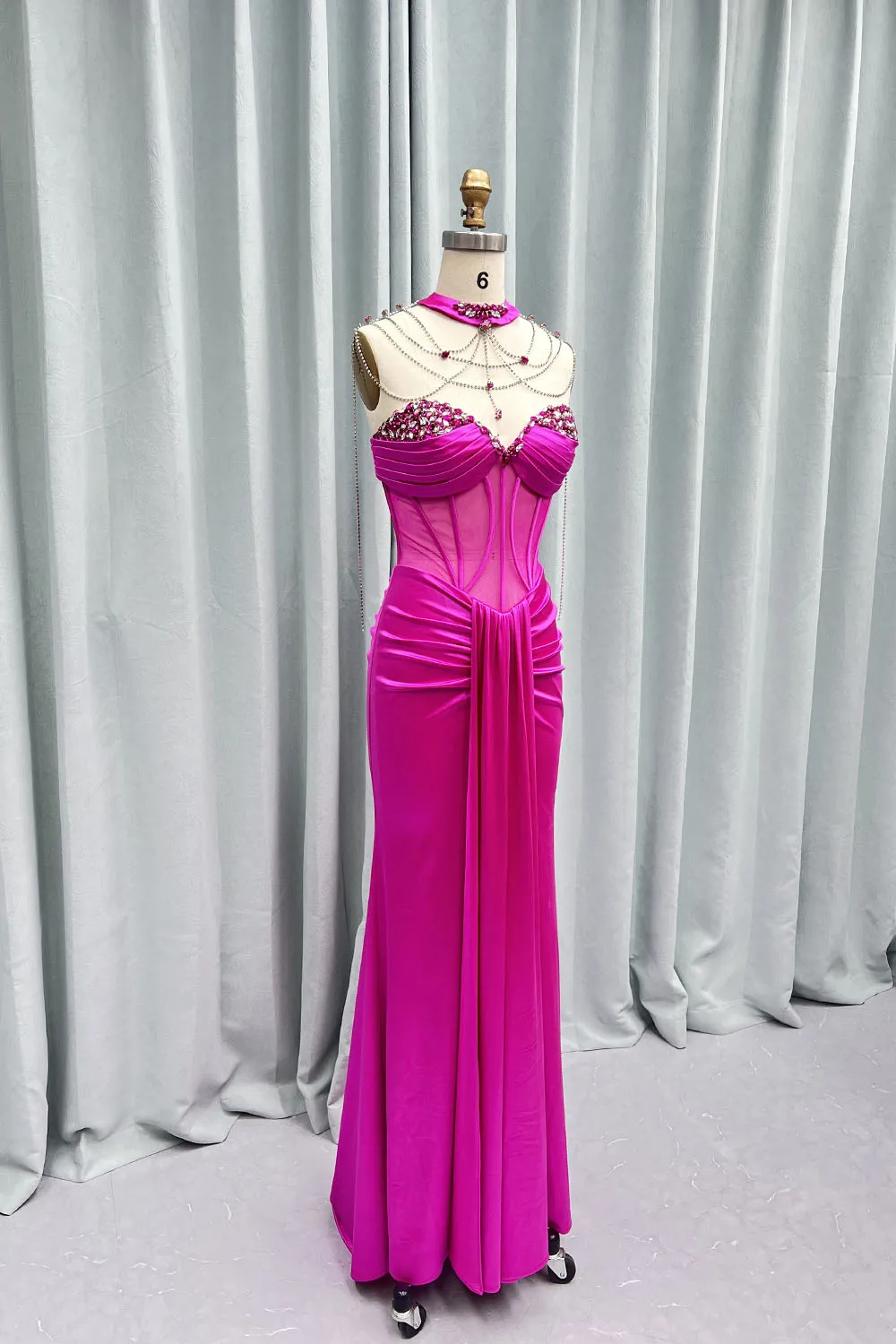 YQLNNE Fashion Fuchsia Rhinestones Long Prom Dresses Sweetheart Satin Beaded Red Carpet Gown Mermaid