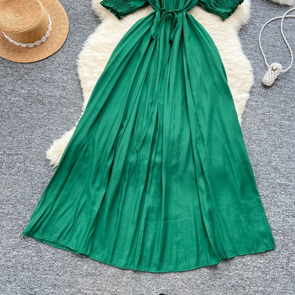 Elegant lace-up loose short sleeve Vintage Chic  Slim Ball Gown Dresses French Evening High Street Clothing