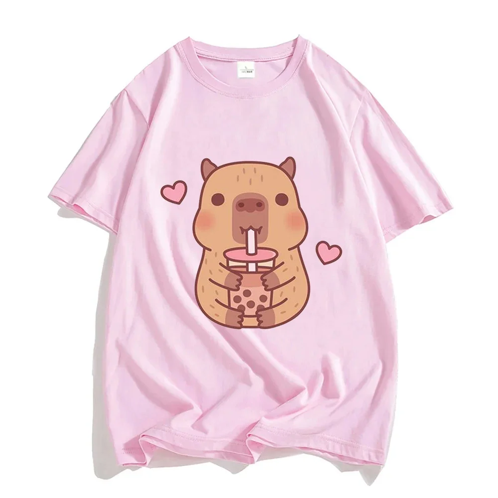 Capybara Loves inking Bubble Tea Summer Funny Printed Loose Short-sved T-shirt Couples Trendy Casual Round Neck Tops Women