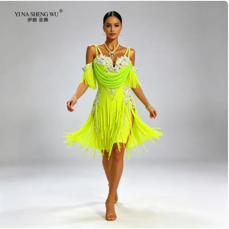 Tassel Latin Dance Competition Dress, Professional Performance Dress, Tassel Skirt, Glitter, Multiple Colors