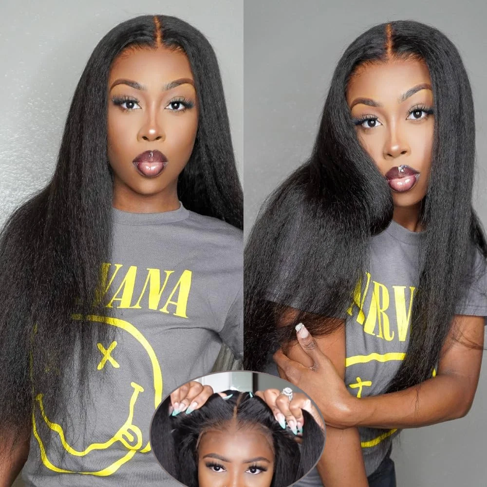 

7x5 Glueless Kinky Straight Lace Frontal Wigs Human Hair 6x4 Pre Cut Lace Closure Wig Wear and Go Wigs Yaki Straight Pre Plucked