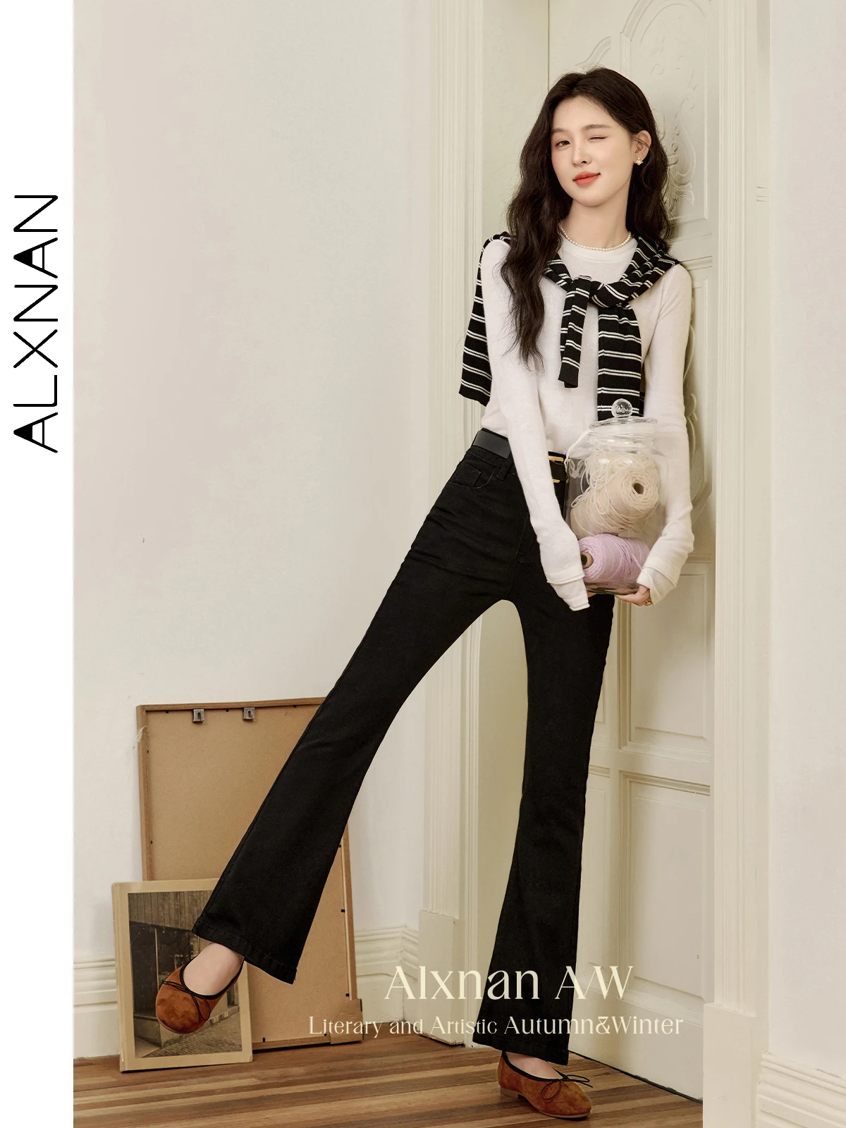 ALXNAN 블랙 플레어 진 2025 더블 버튼 소프트 엘라스틱 여성 바지 우아함 내추럴 가을 겨울 여성용 바지 L50607