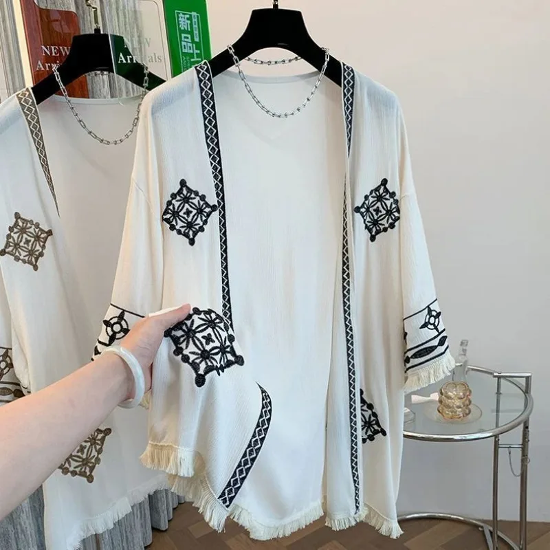 

Ethnic Style Embroidered Thin Sun Protection Loose Medium Length Tassel 7-quarter Sleeve Cardigan Jacket for Women