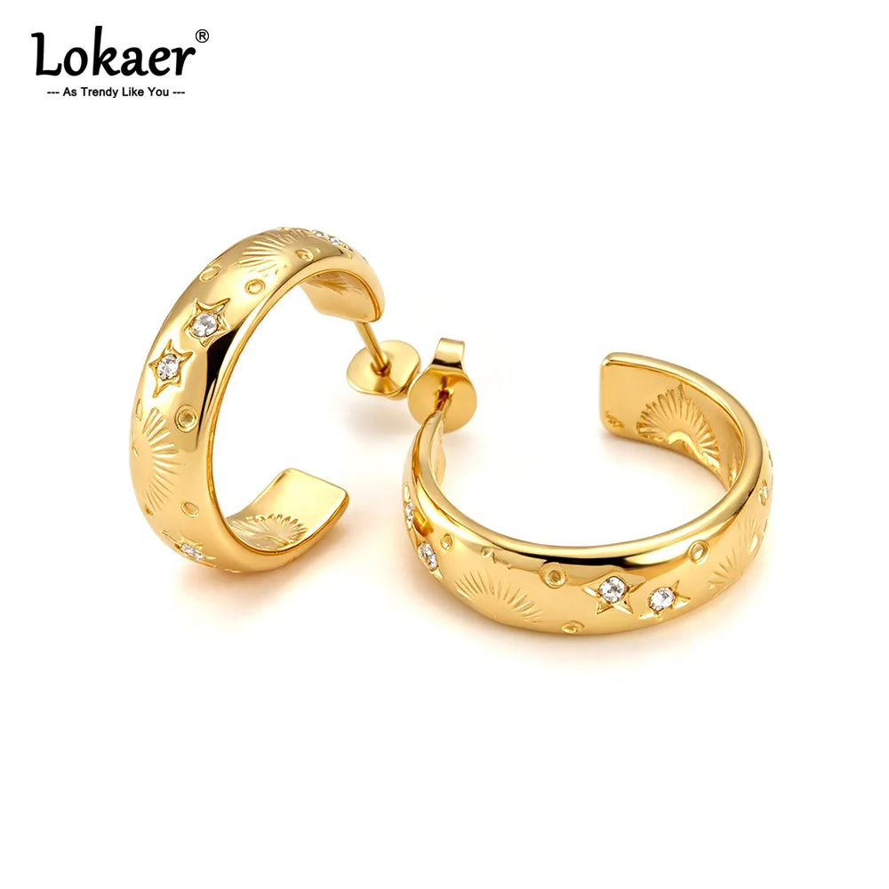 Lokaer Exquisite Chunky Hoop Earrings Blingbling Crystal Zircon Star Huggies Earrings For Women Stainless Steel Jewelry E26117