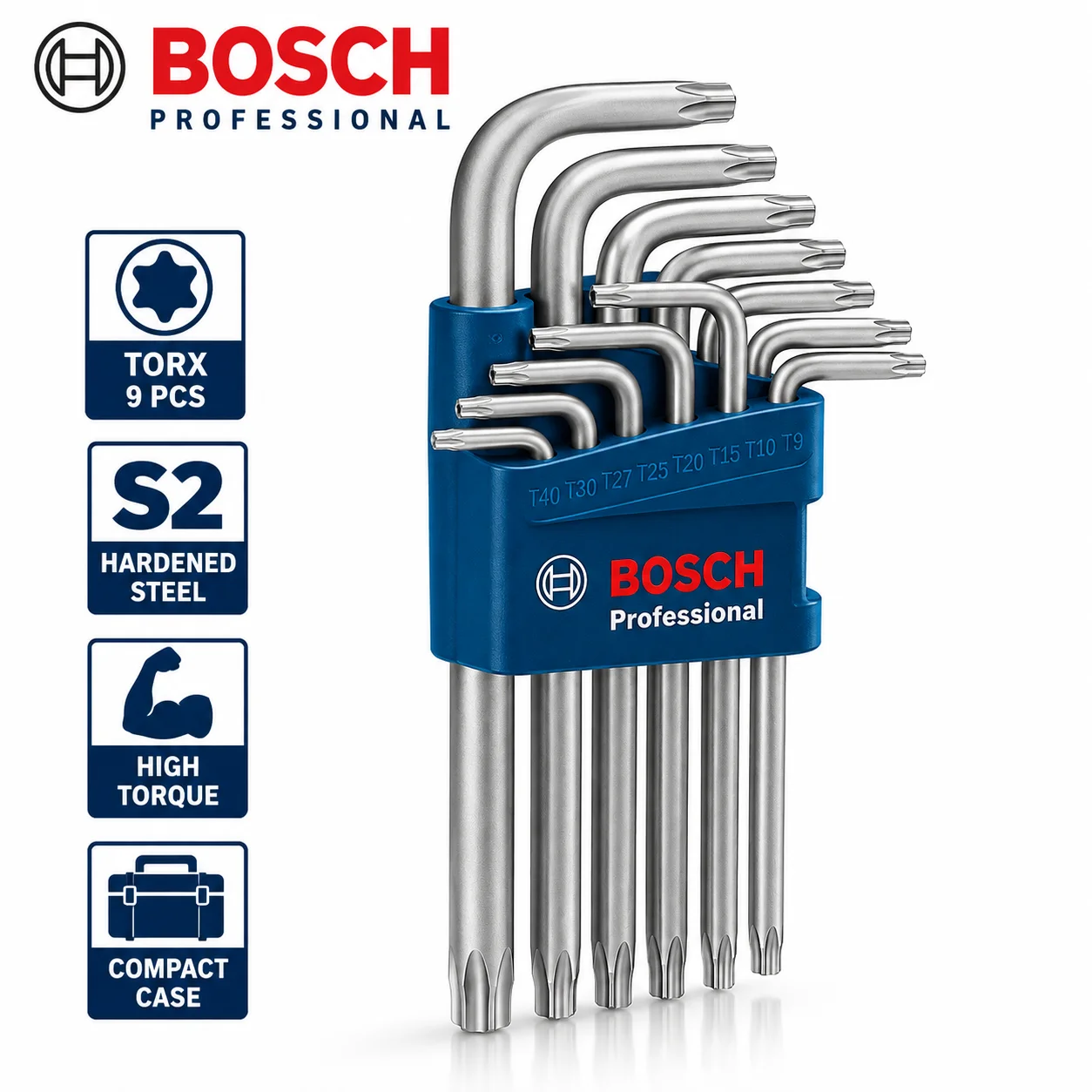 BOSCH 9PCS Hex Allen Key Set Torx Wrench Set Ball End S2 Steel Long Arm L Shape Angle Key Professional Hand Tool for Repair