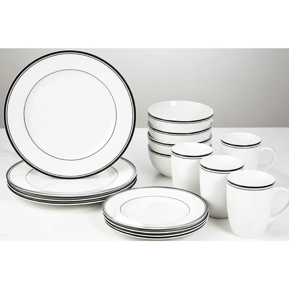 

16-Piece Black Stripe Dinnerware Set, Plates Bowls Mugs for 4, Microwave Safe Dishwasher Friendly