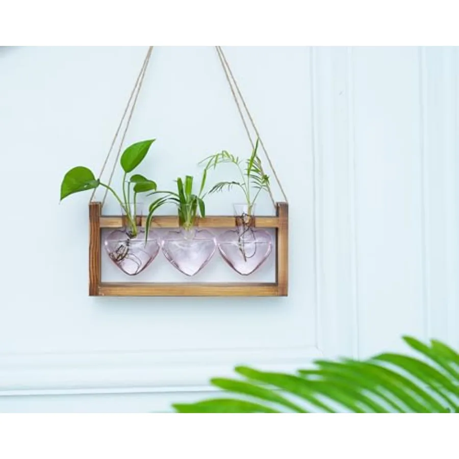 3-Heart Plant Terrarium Kit with Vintage Wood Stand - Stained Glass Vase Propagation Station, Wall-Mounted and Tabletop Indoor