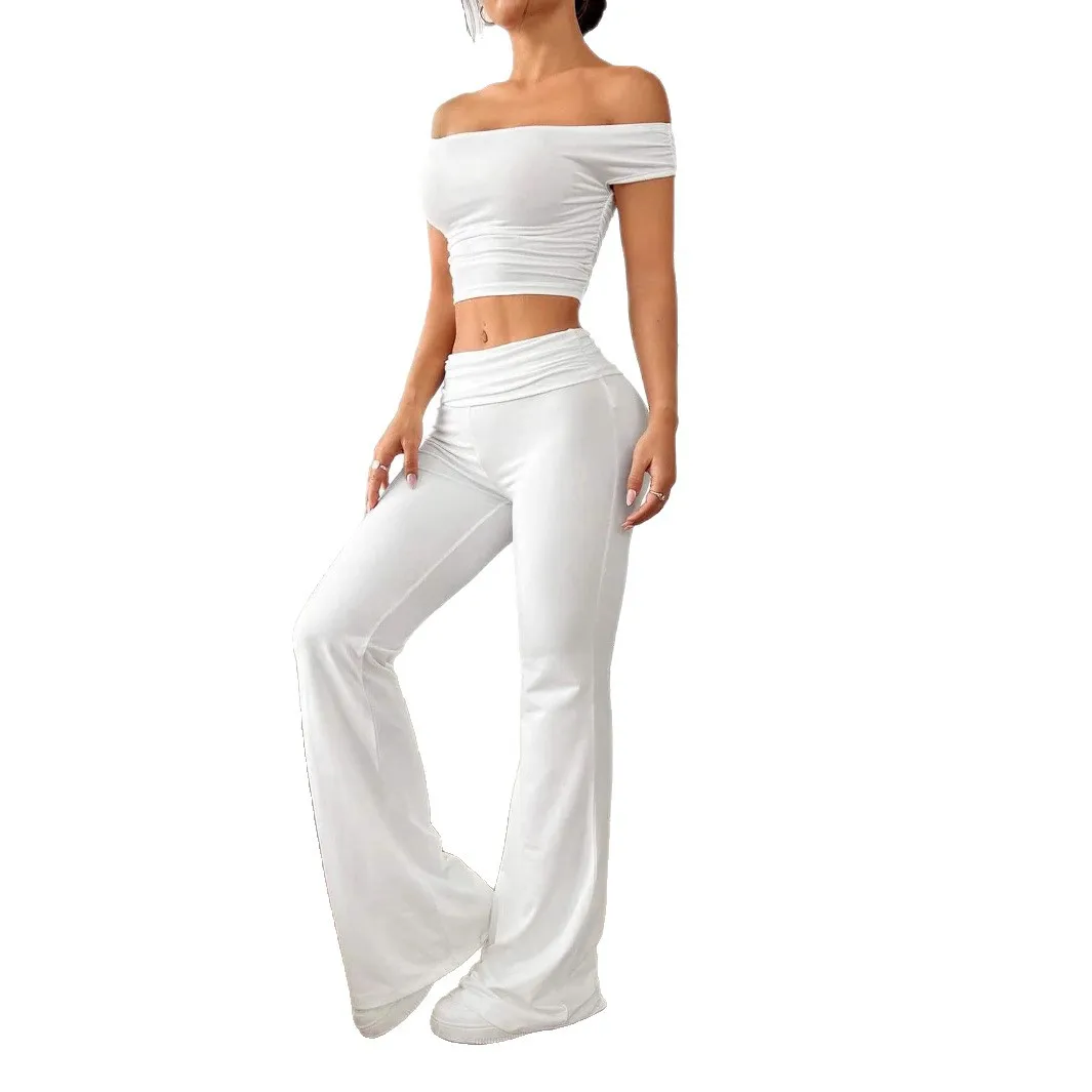 2025 Cross-borderฤดูร้อนชุดใหม่,หนึ่งไหล่จีบสีทึบเสื้อยืดPlus Flaredกางเกง 2 ชิ้นชุดผู้หญิง