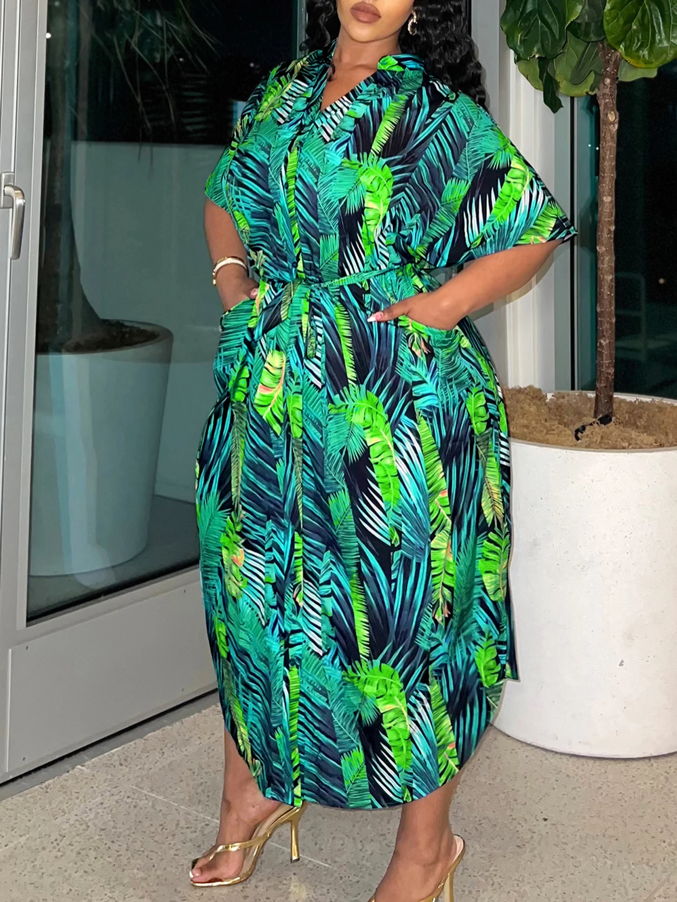 

LW Plus Size dresses Floral Print Pocket Design Shirt Dress summer short sleeve loose Elegant dress vestido casual party dresses