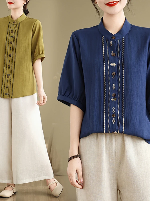 Ele Embroidered Loose irt Design Sensation Summer New Women's Faion Five Sve Tops Quali Fabric Flip Collar irt