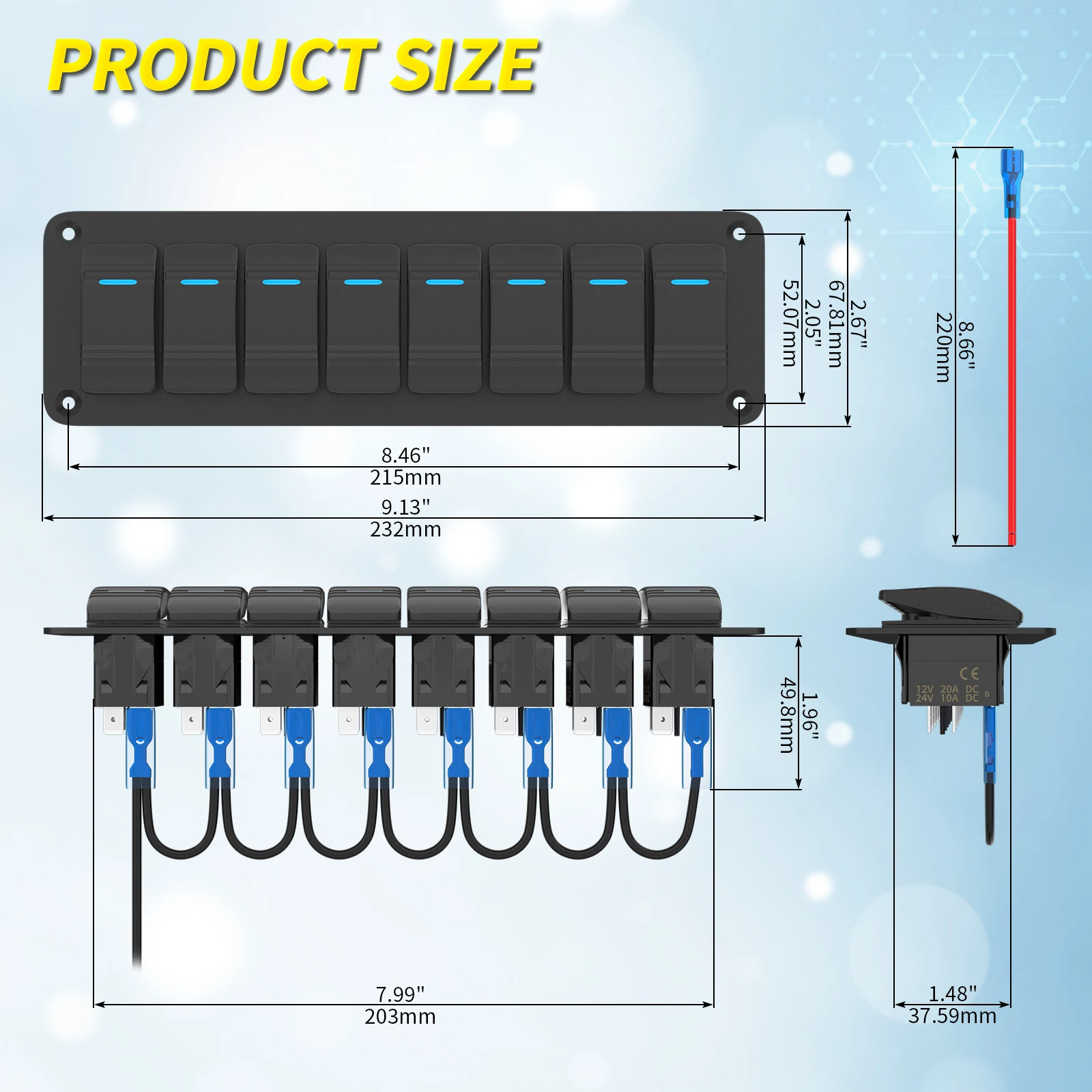 8 Gang Rocker Switch Panel Waterproof 12V Blue LED Light Bar Switch Panel 12 Volt Rocker Toggle Switch 3 Pin ON/Off For Car