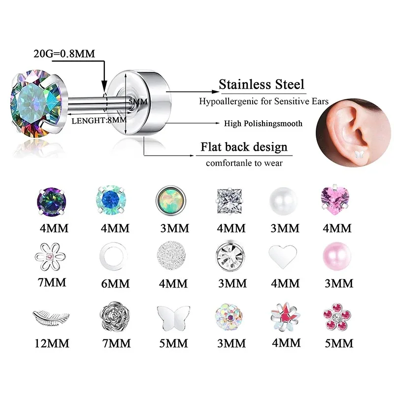 1 Pair Stainless Steel Hypoallergenic Round Zircon Tragus Cartilage Ear Piercing Opal Heart Flatback Stud Earrings Jewelry