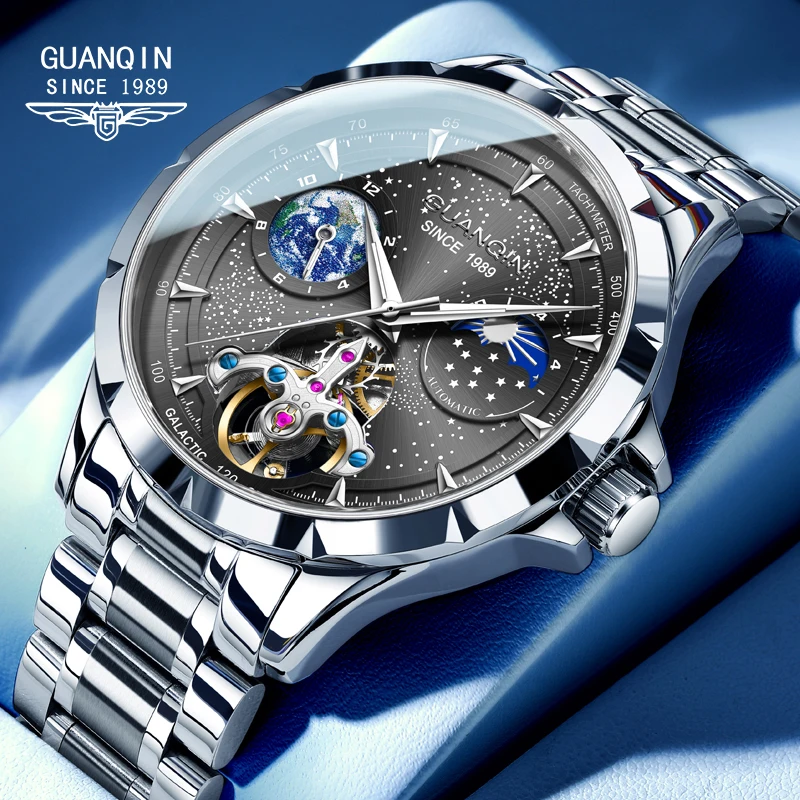 GUANQIN Premium Automatic Men's Watches Tourbillon Stainless Steel Personalized Mechanical Wristwatch Fashion Moonphase Highend