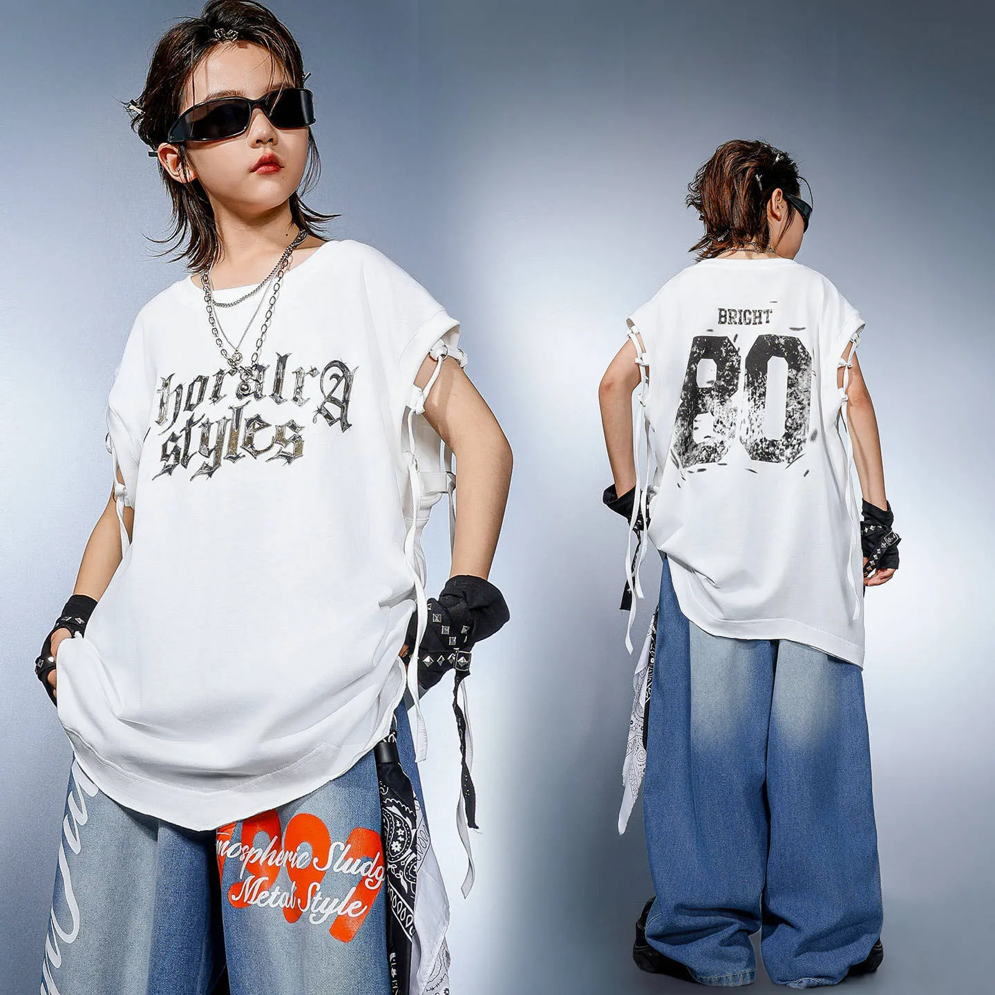

Kid Kpop Hip Hop Clothing White Strap Long Tank Top Denim Blue Casual Ripped Jeans Pants for Girl Boy Dance Wear Costume Clothes