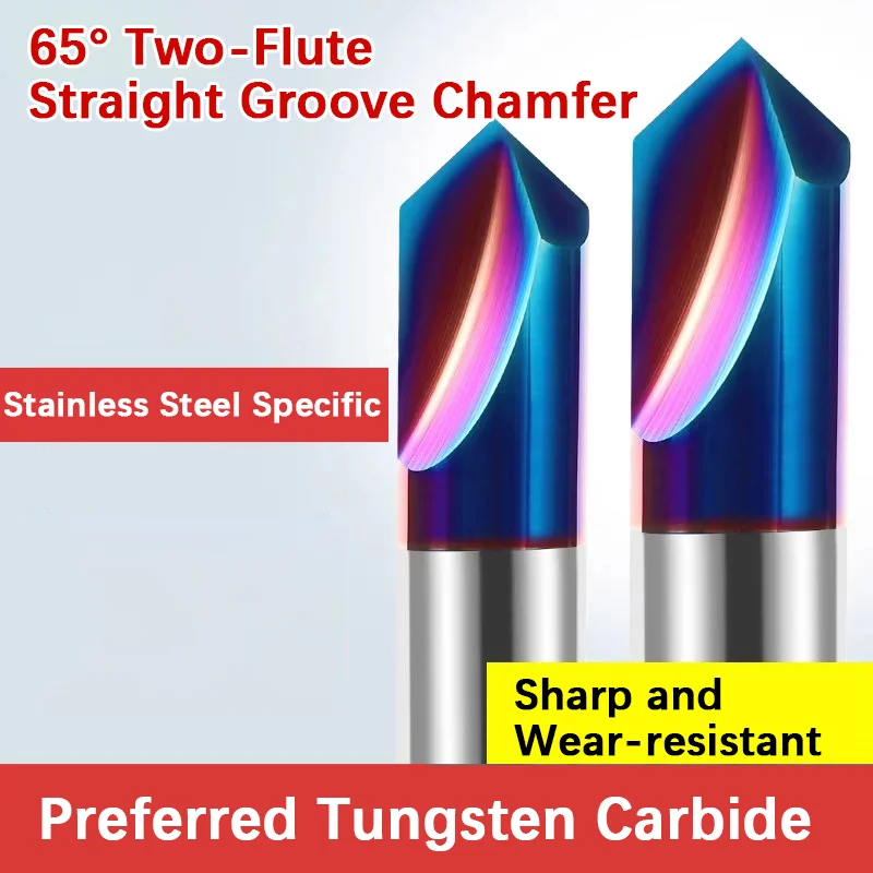1pcs 65° 2-Flute Tungsten Steel Chamfer Mill, 90° Straight Flute Carbide 2-Flute Chamfer End Mill