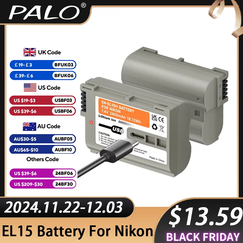 PALO EN-EL15 en el15B EN EL15 EN EL15C Batteries+Type-C port for Nikon D500,D600,D610,D750,D810,D7500,850P,530,Z5, Z6, Z6 II,Z7