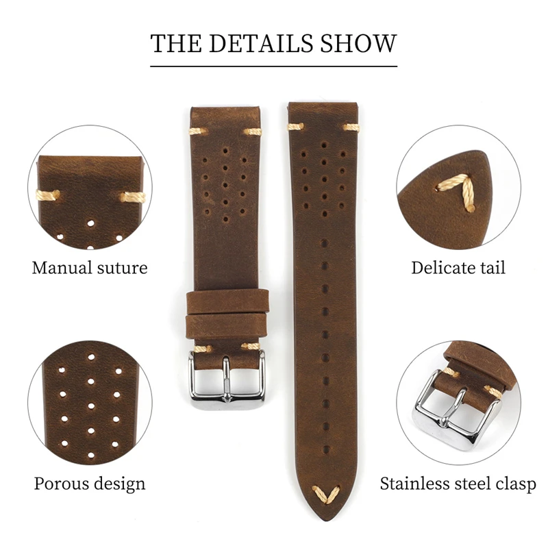 Vintage Cowhide Watchbands 18mm 19mm 20mm 21mm 22mm Men Women Brown Black Genuine Leather Porous Watch Band Strap for DW Belt