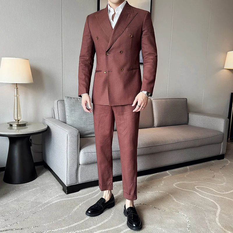 

Business Casual Men's Double Breasted Linen Lightweight Suit Jacket Pant Set Male Classic Vintage Slim Fit Suits Sets Clothing