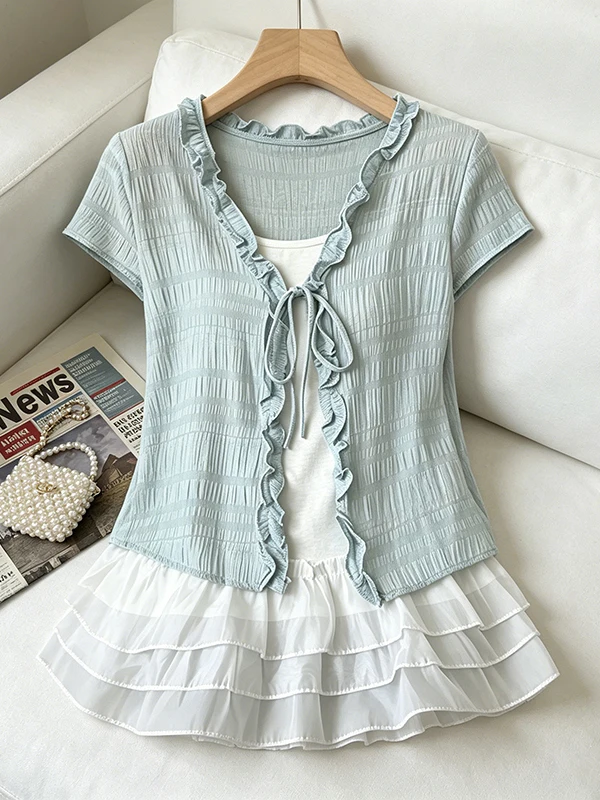 

plus Size Women's Vintage V-Neck Shirt Spring Summer Two-Piece Set Floral Lace Hemline Versatile Top Korean Style Commute Wind
