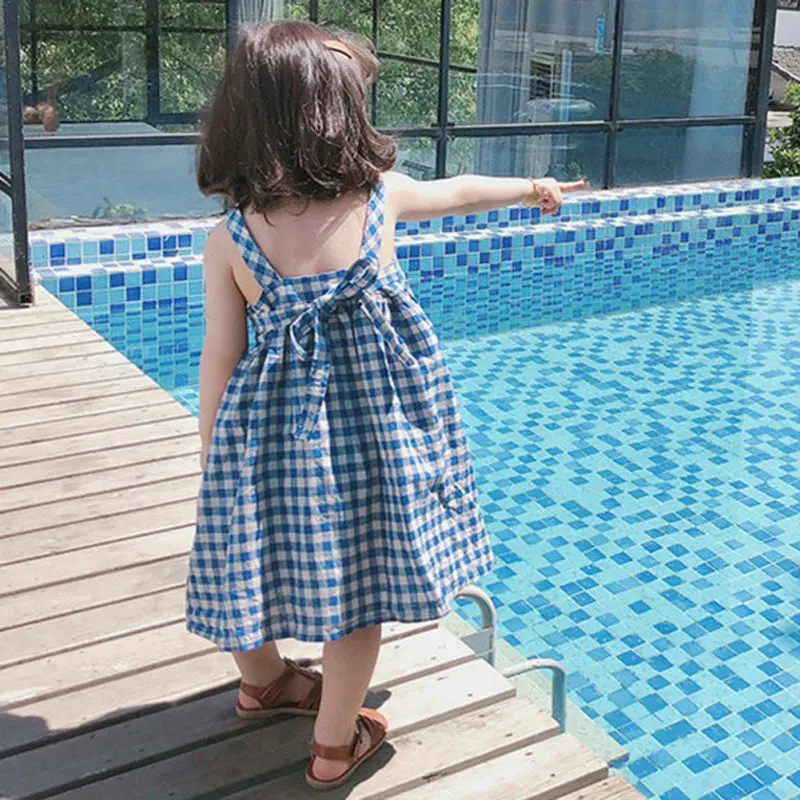 Summer New Girls Sweet Blue Plaid Dress Cotton And Linen Children\'s Cute Bow Tie Sleeveless Halter Suspenders Dresses 3-8Years