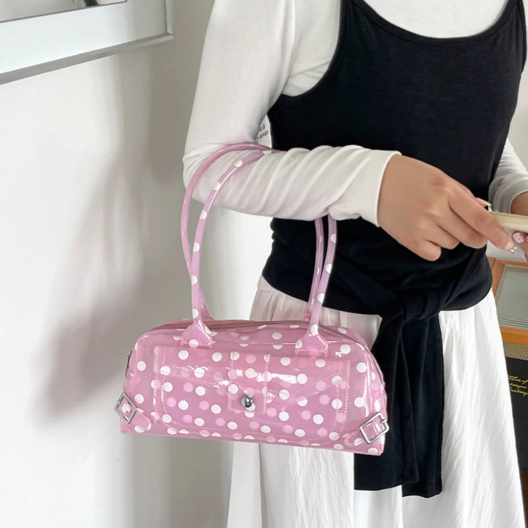 Retro Polka Dot Transparent PVC Tote Bag with Metal Buckle for Women Girls Beach Summer Daily Cute Handbag Shoulder