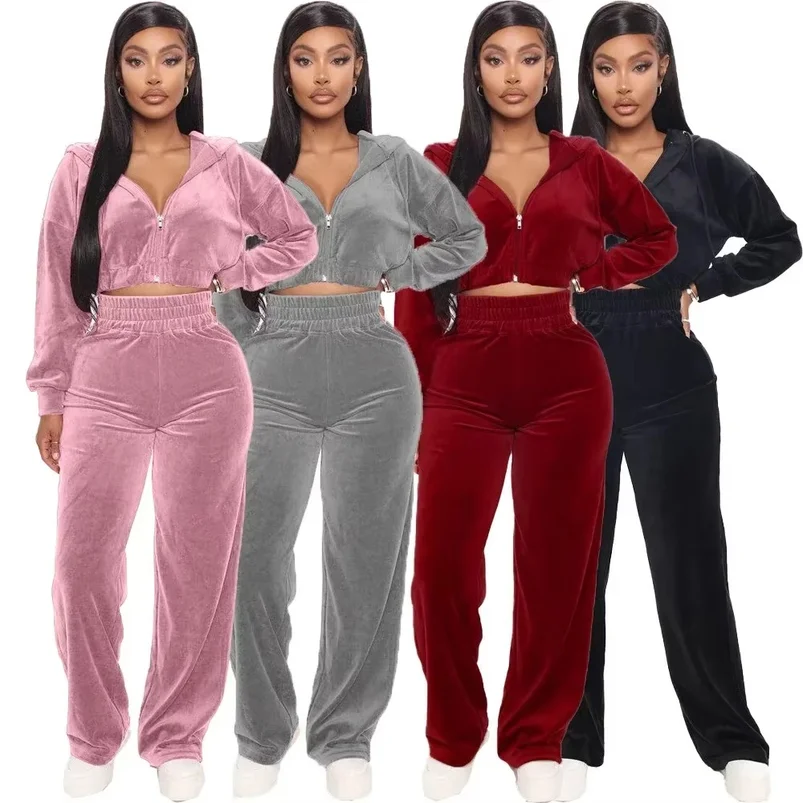 2026 Women's Spring/Fall Tracksuit Velour Suit Hoodies Velvet Zipper Sweatshirt And Pants Set Sportswear Crop Top Matching Suits