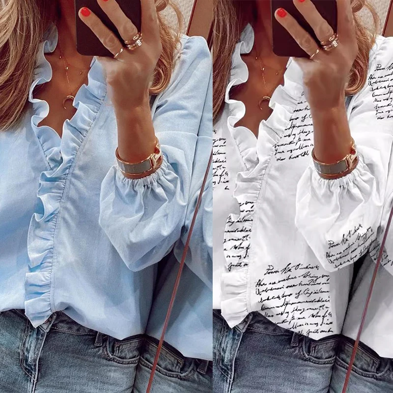 

Women Shirt Ruffle Stitching Elastic Cuff Sexy V Neck Long Sleeves Ladies Pullover Streetwear Casual Solid Color Blouses