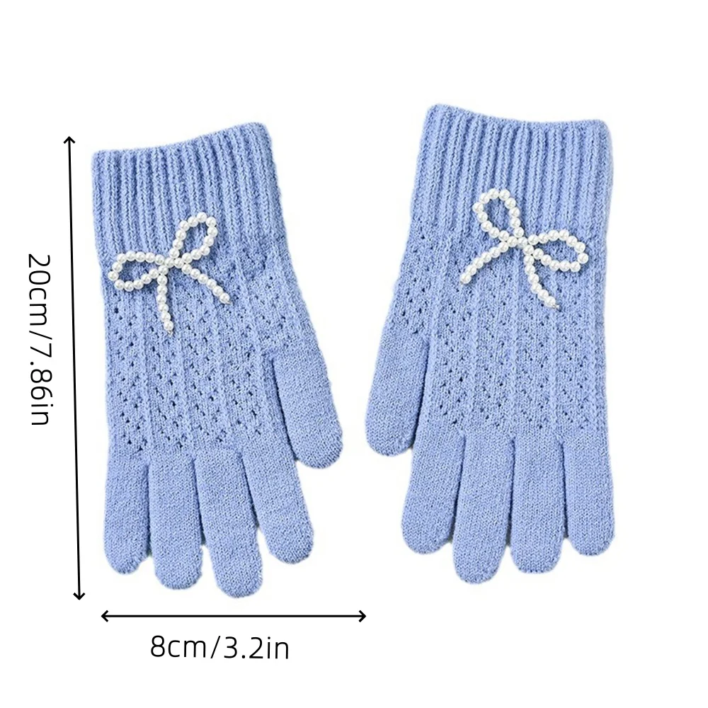 Pearl Bow Knitting Gloves For Women Winter Warm Mittens Girls Solid Color Thickened Gloves Cold-proof Winter Full Finger Gloves