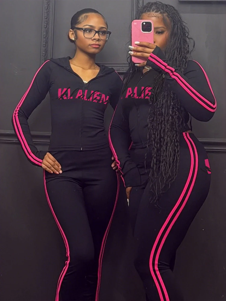 Casual Tracksuit 2 Piece Set Woman Letter Print Full Sleeve Hooded Jacket+Stripe Patchwork Long Pants Sporty Style Outfits - view 4