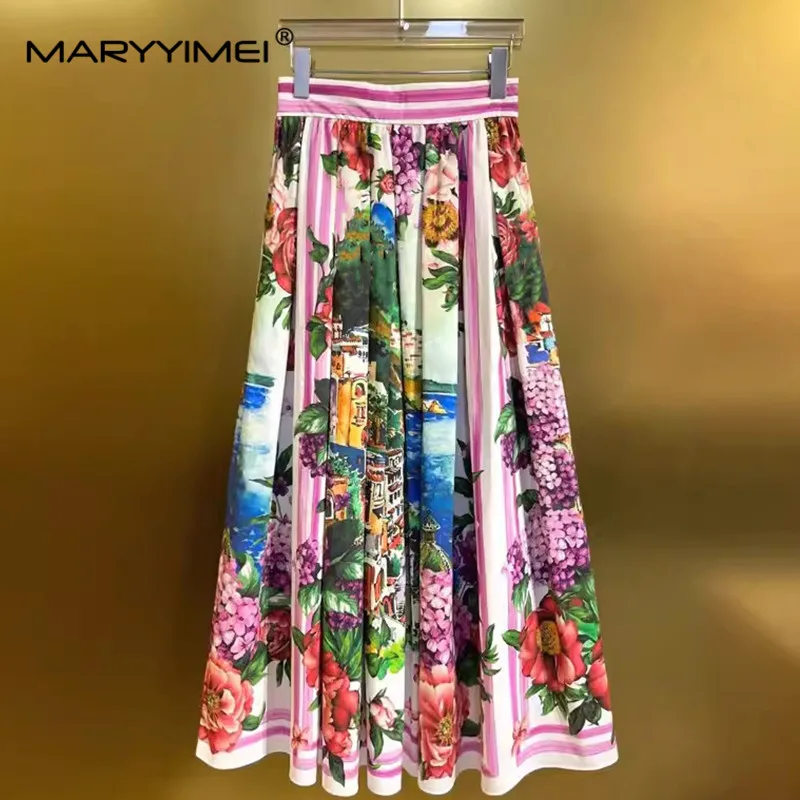 MARYYIMEI Elegant Vacation Floral Women\'s Suit Summer Spaghetti Strap Backless Slim Tops+Pleated Skirt Print Cotton 2 piece set