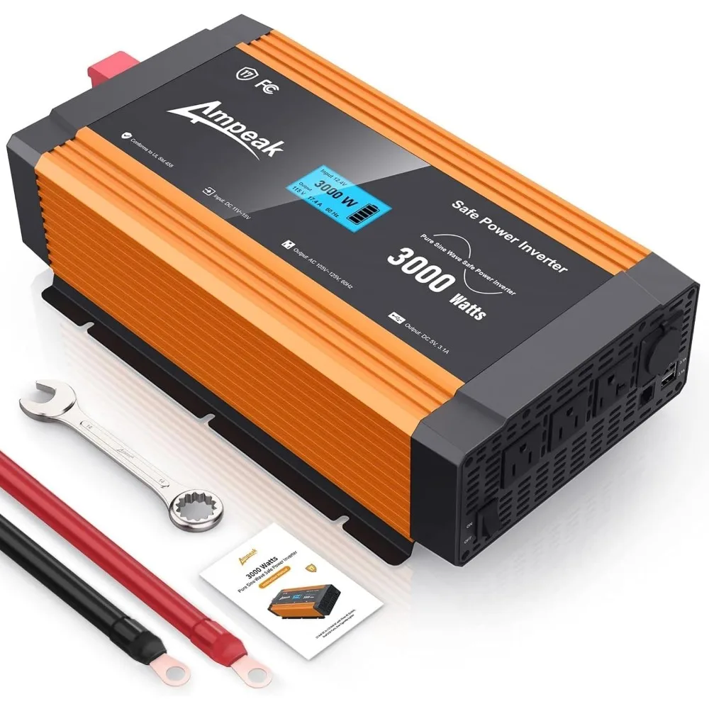 3000watt Pure Sine Wave Inverter 40A*12 Fuse Inverter 12V DC to 120V AC-LCD Display