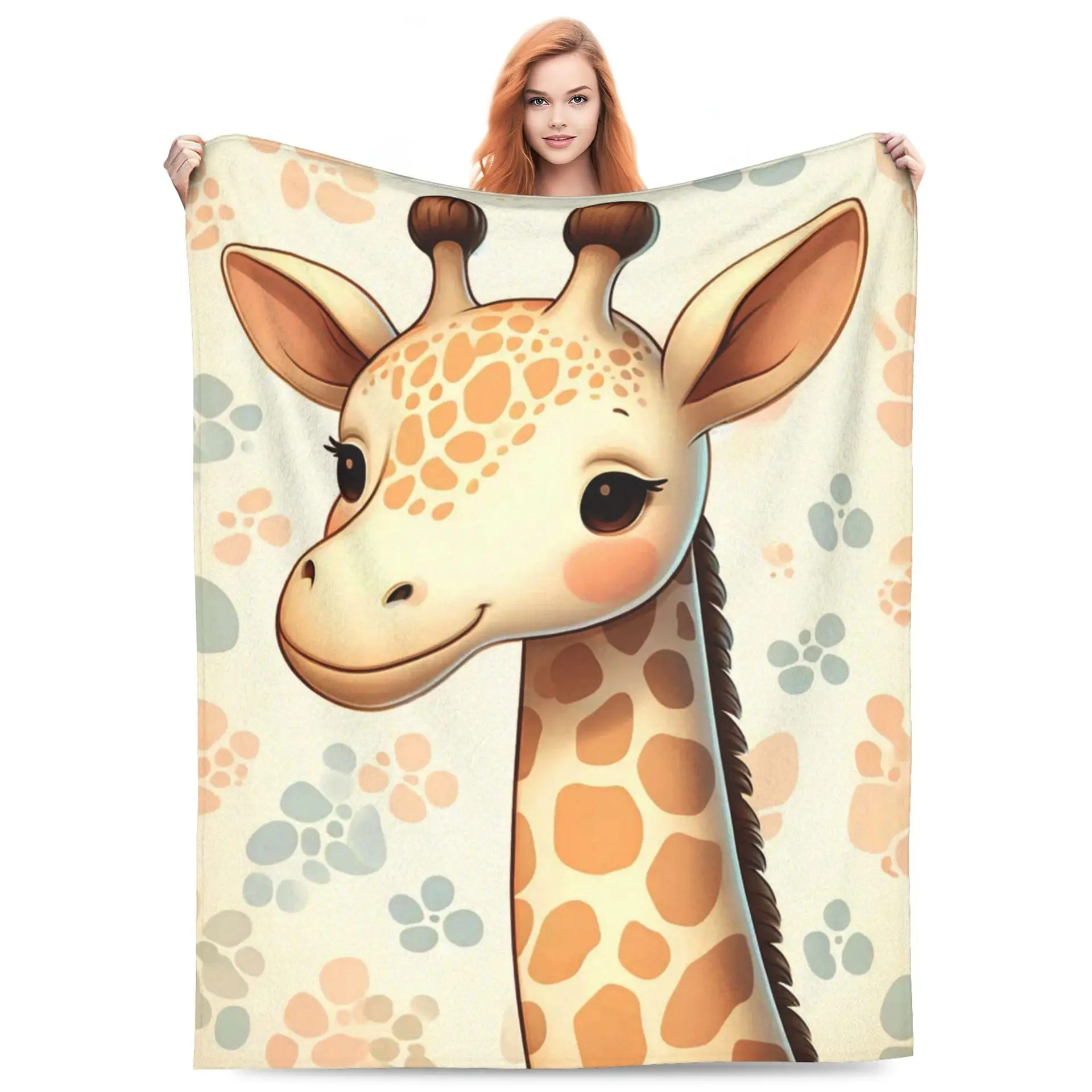 Cute Giraffe Blanket Big Head Safari Animal Throw Couch Cover Footprint Pattern Fleece Blankets Playroom Bedding Sofa Decor