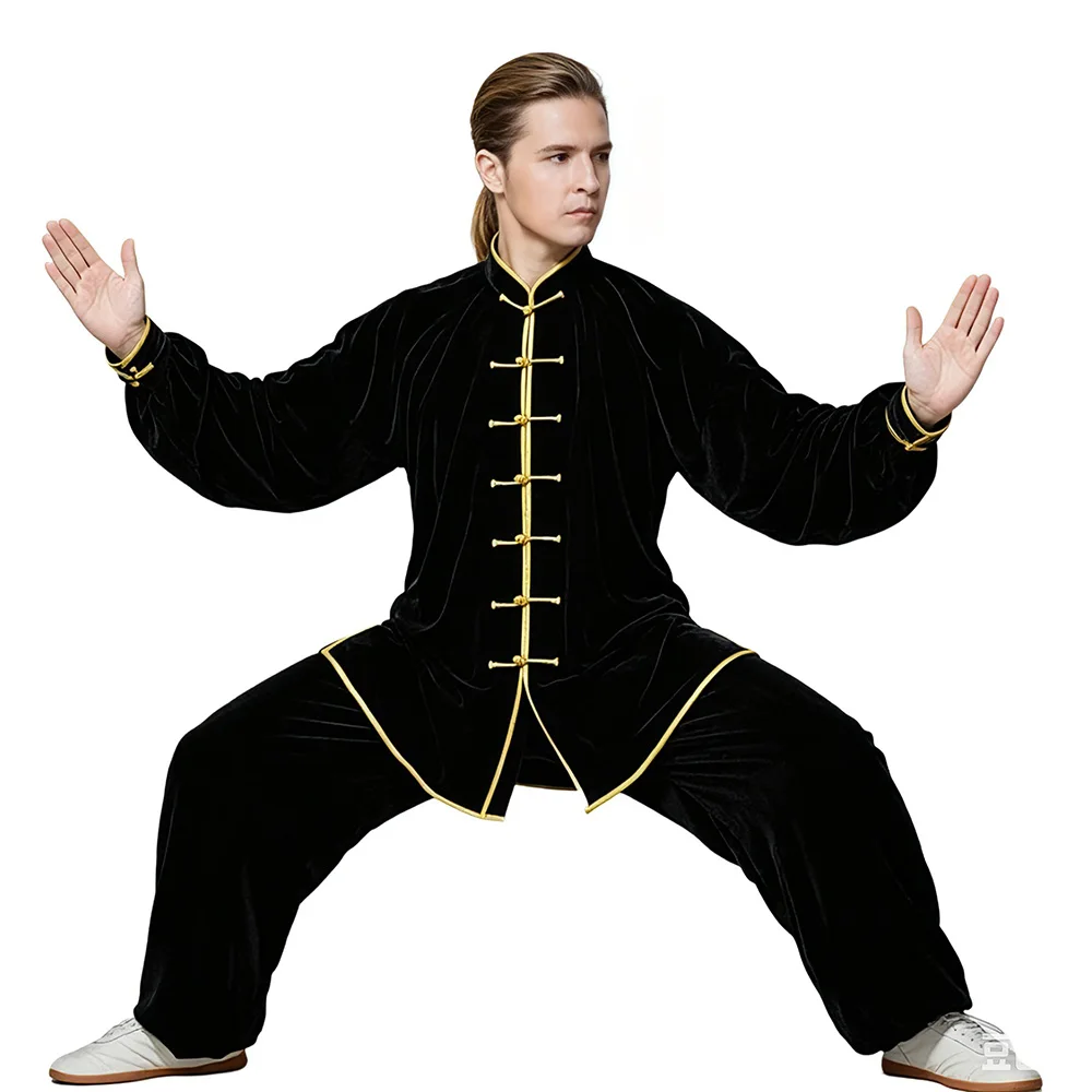 Unisex Gold Velvet Tai Chi Uniform Autumn Winter Traditional Chinese Kung Fu Suit Martial Arts Training Outfit