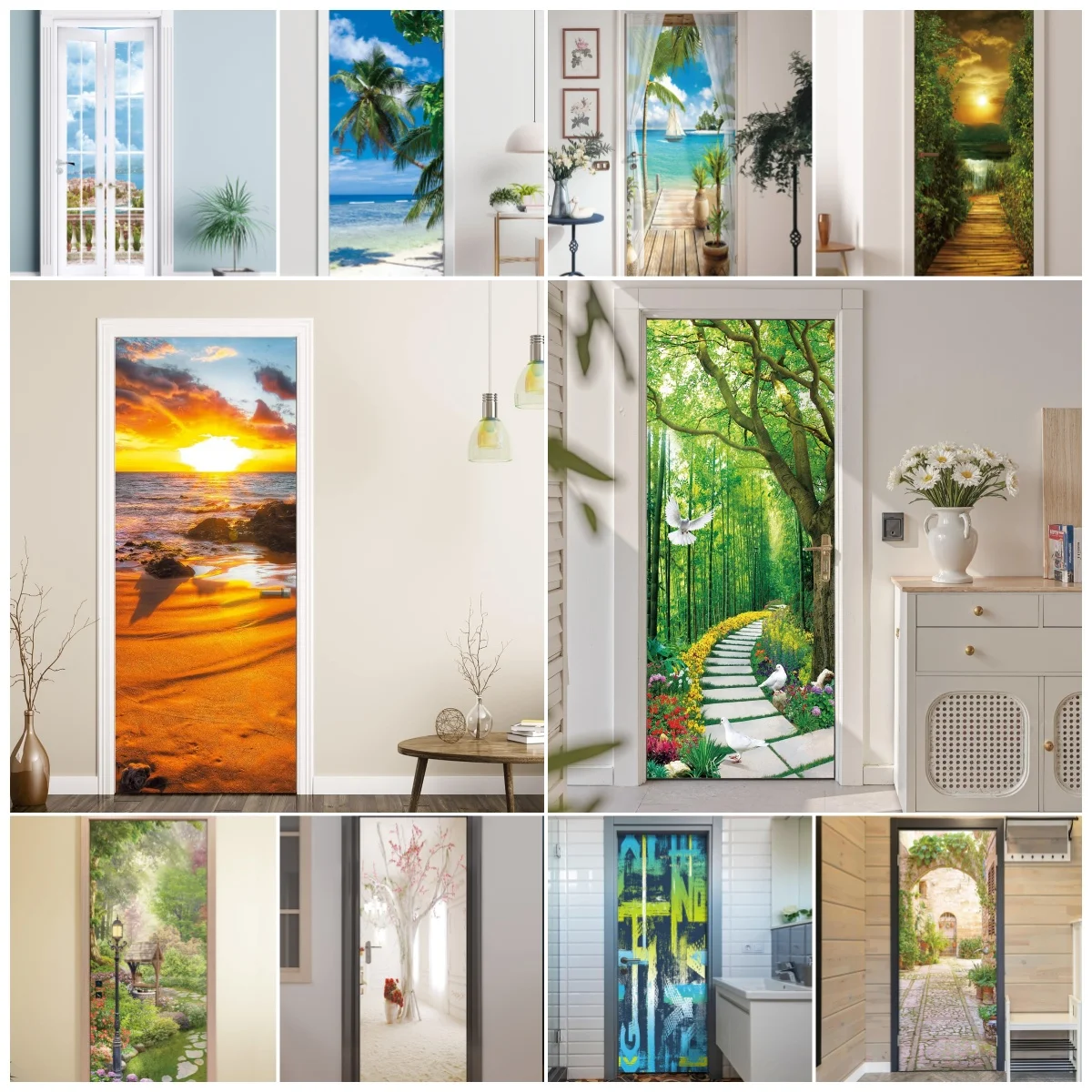 3D Beach Sunset Sea View Door Sticker Self Adhesive Waterproof Vinyl Door Mural Removable Decal for Bedroom Home Door Renovation