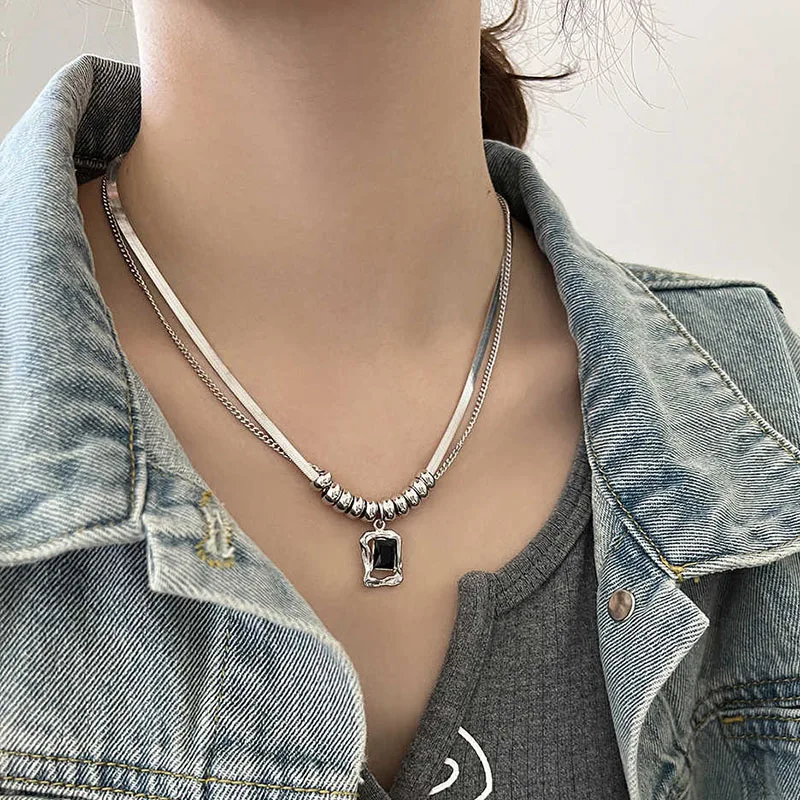 Layered Stainless Steel Chains Choker Necklace for Women Gothic Style Square Crystal Pendant Necklace Girls Sweater Chains New