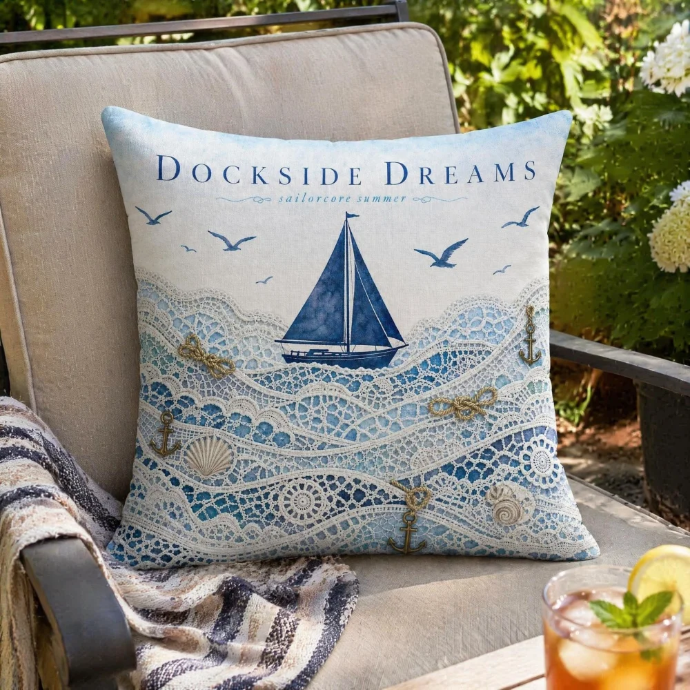 Soft Filled 2D Printed Nautical Wave Sailboat Decorative Throw Pillow Square Stuffed Cushion for Living Room Sofa Bedroom Decor