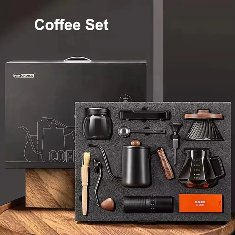 10pcs Travel Coffee Set Manual Coffee Grinder Filter Cup Sharing Pot and Pour Over Coffee Kettle Tools with Gift Box Tea Party